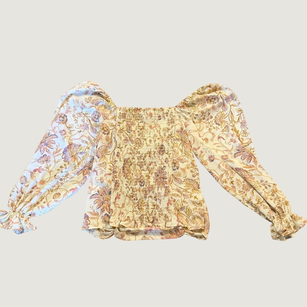 Rose + Olive Floral Blouse Medium Ruched Square Neck Puff Sleeve Cream Boho - Picture 2 of 7